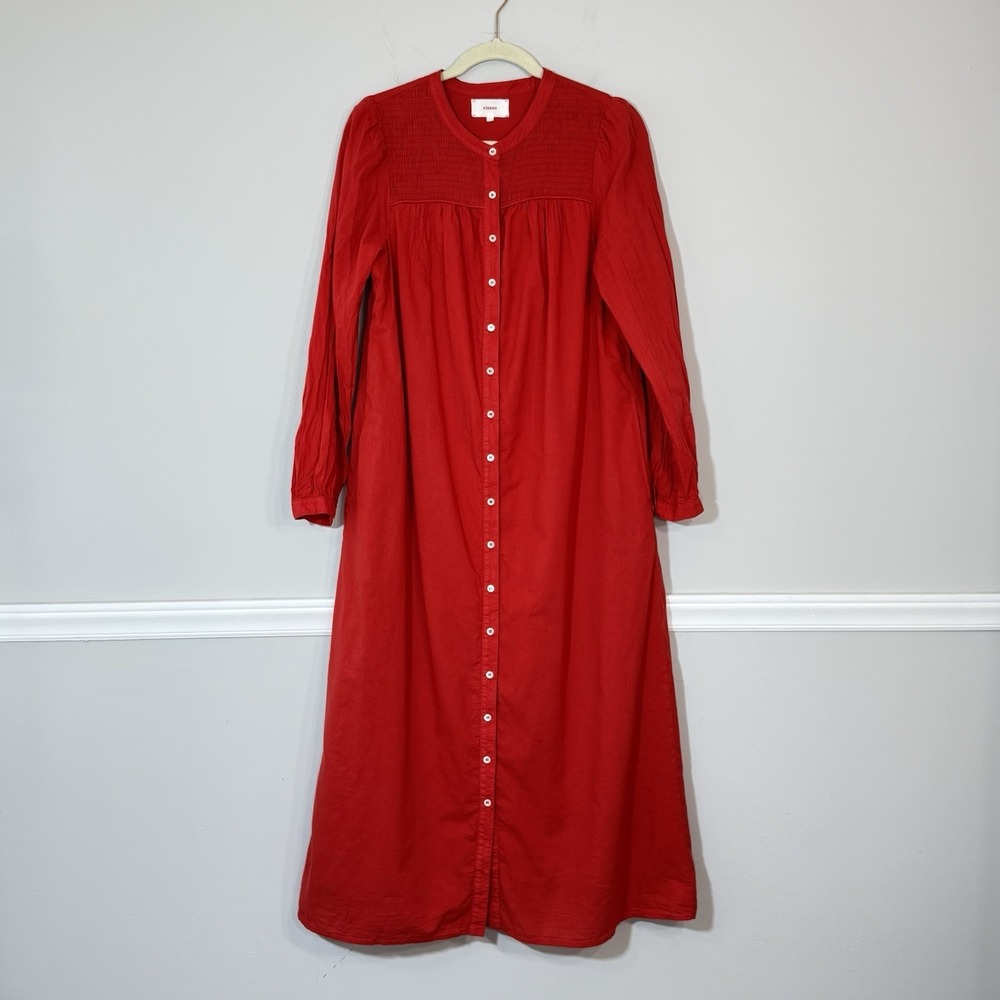 Xirena Smocked Long Sleeve Maxi Dress Button Down Sz S Cotton Pockets Lined Boho